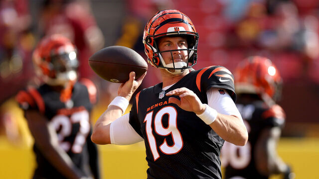 LANDOVER, MARYLAND - AUGUST 26: Quarterback Trevor Siemian #19 of the Cincinnati Bengals warms up before the start of a preseason game against the Washington Commanders at FedExField on August 26, 2023 in Landover, Maryland.