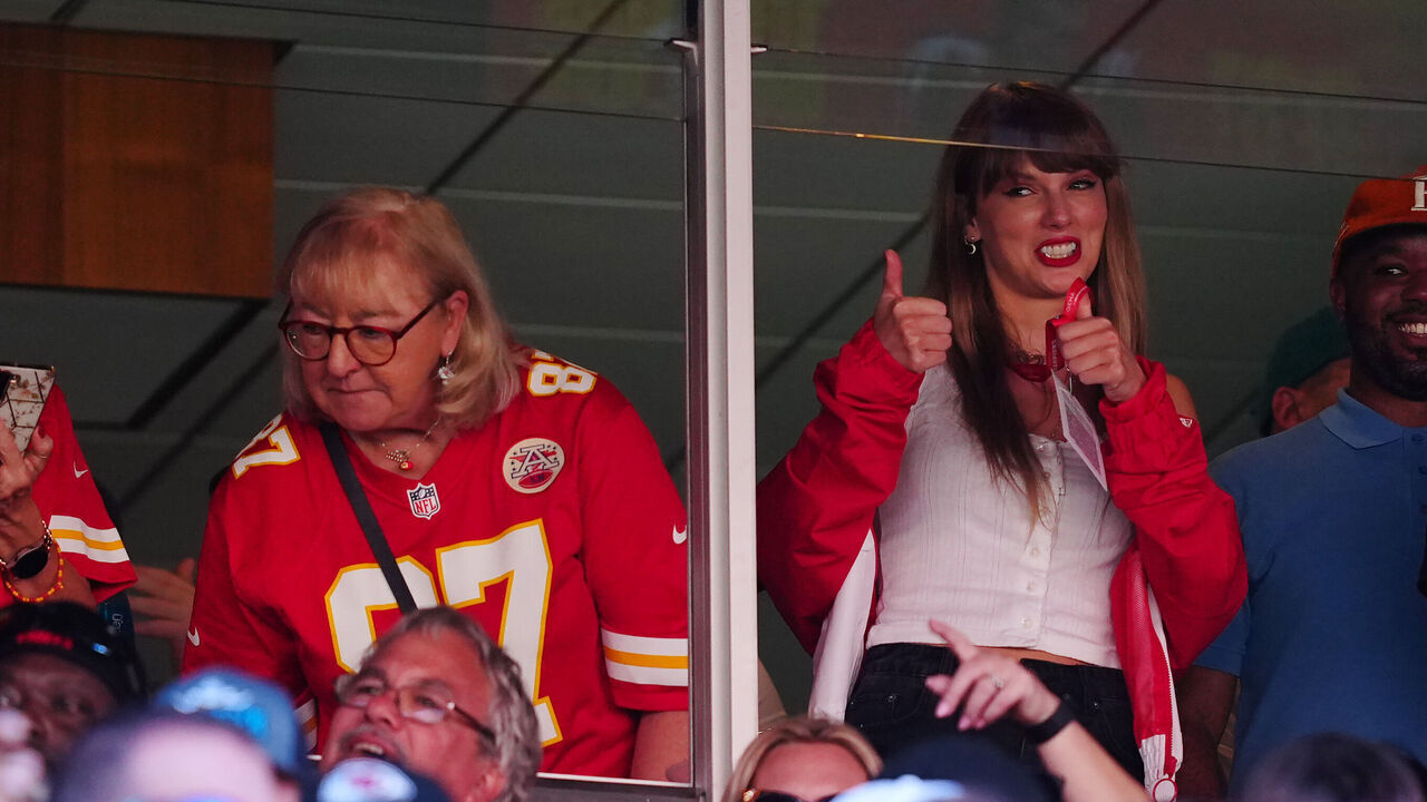 KANSAS CITY, MISSOURI - SEPTEMBER 24: Donna Kelce and Taylor Swift are seen during the first half of a game between the Chicago Bears and the Kansas City Chiefs at GEHA Field at Arrowhead Stadium on September 24, 2023 in Kansas City, Missouri.