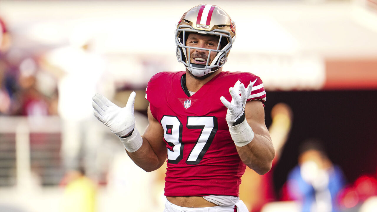 SANTA CLARA, CA - SEPTEMBER 21: Nick Bosa #97 of the San Francisco 49ers celebrates at Levi's Stadium on September 21, 2023 in Santa Clara, California.