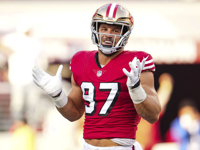 SANTA CLARA, CA - SEPTEMBER 21: Nick Bosa #97 of the San Francisco 49ers celebrates at Levi's Stadium on September 21, 2023 in Santa Clara, California.