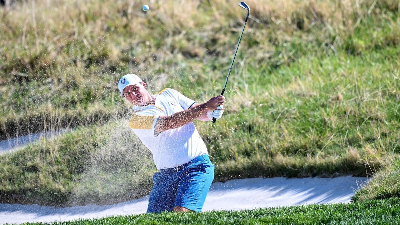 Rome , Italy - 26 September 2023; Sepp Straka of Europe plays out of a bunker on the 16th during a practice round before the 2023 Ryder Cup at Marco Simone Golf and Country Club in Rome, Italy.
