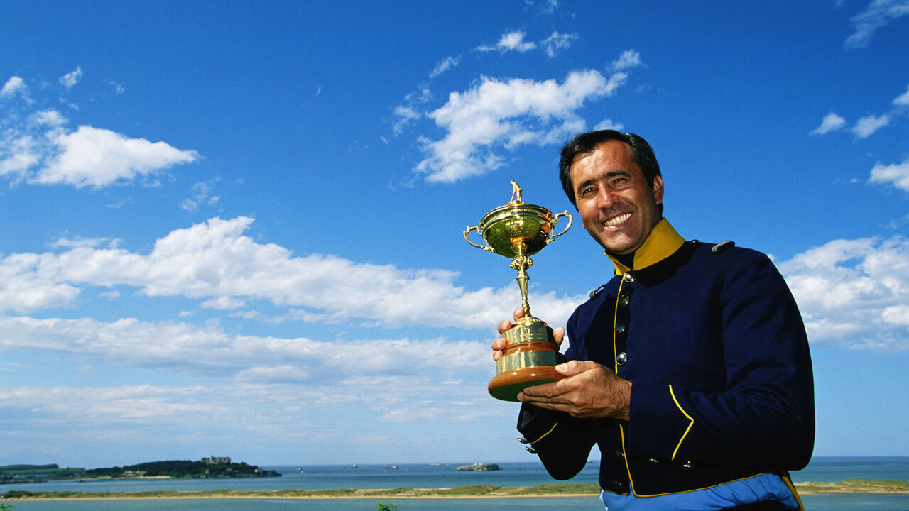 Team Europe captain Severiano Ballesteros with the Ryder Cup golf trophy after his team beat the USA at the Valderrama Golf Club in Sotogrande, Spain, September 1997.