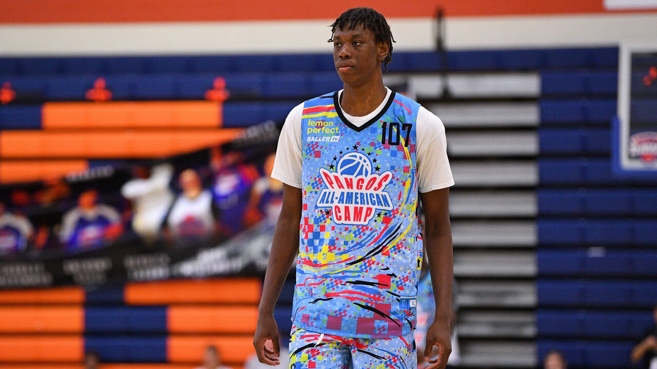 LAS VEGAS, NV - JUNE 05: Aiden Sherrell looks on during the Pangos All-American Camp on June 5, 2023 at the Bishop Gorman High School in Las Vegas, NV.