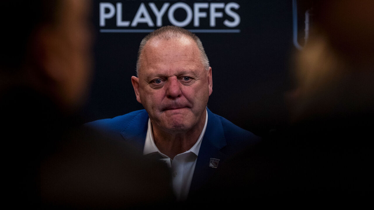 NEW YORK, NEW YORK - APRIL 29: New York Rangers Head Coach Gerard Gallant speaks to the media after the Rangers defeated the New Jersey Devils in Game Six of the First Round of the 2023 Stanley Cup Playoffs at Madison Square Garden on April 29, 2023 in New York, New York. The Rangers defeated the Devils 5-2.