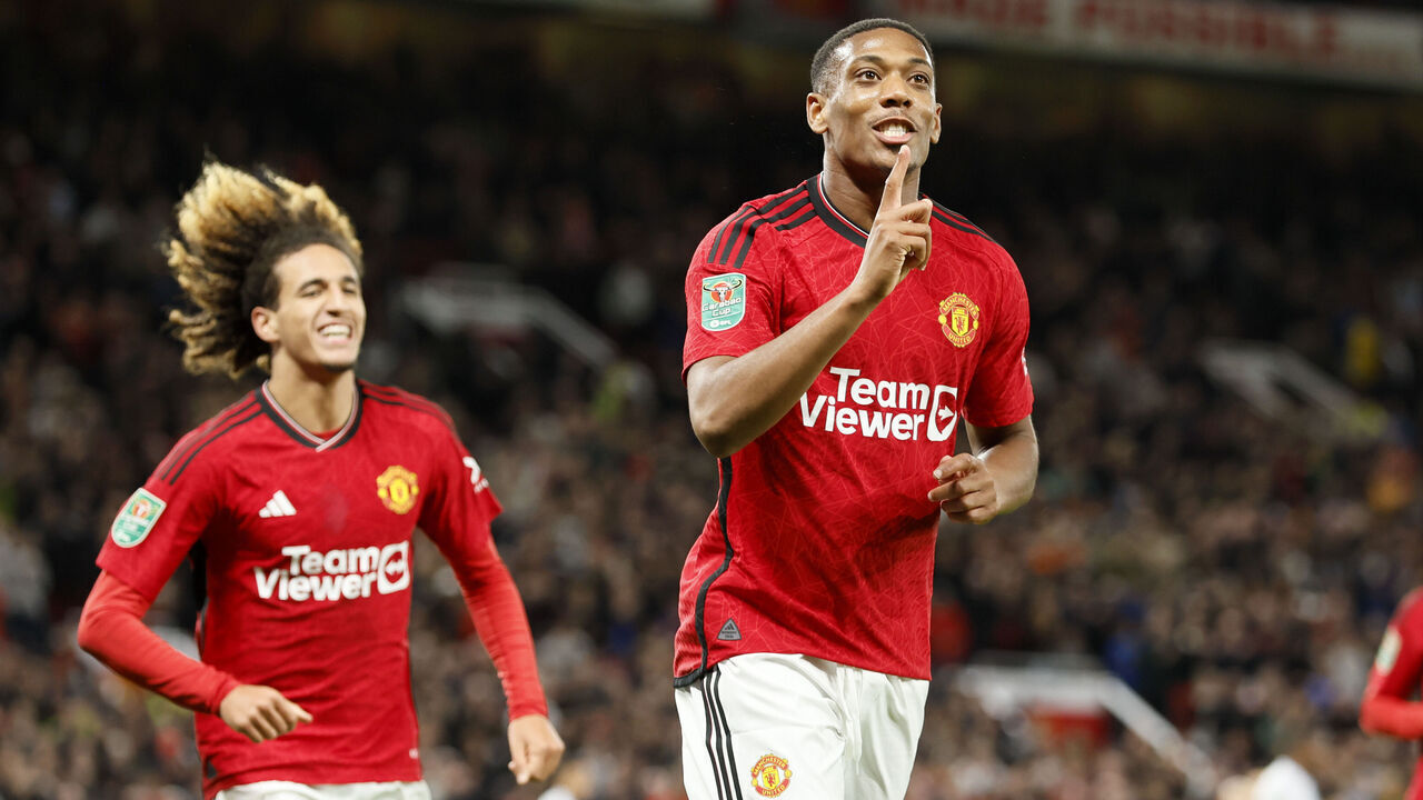 MANCHESTER, ENGLAND - SEPTEMBER 26: Anthony Martial of Manchester United celebrates scoring 3rd goal during the Carabao Cup Third Round match between Manchester United and Crystal Palace at Old Trafford on September 26, 2023 in Manchester, United Kingdom.