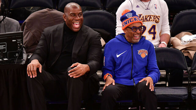 NEW YORK, NY - DECEMBER 12: Magic Johnson and Spike Lee attend the Los Angeles Lakers Vs New York Knicks game at Madison Square Garden on December 12, 2017 in New York City.
