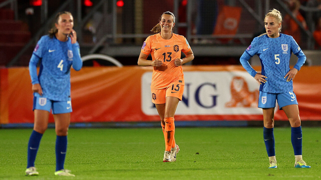 UTRECHT, NETHERLANDS - SEPTEMBER 26: Renate Jansen of the Netherlands celebrates after scoring the team's second goal as Katie Zelem and Alex Greenwood of England look dejected during the UEFA Women's Nations League Group A match between Netherlands and England at Stadion Galgenwaard on September 26, 2023 in Utrecht, Netherlands.