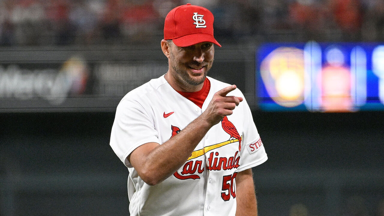 St. Louis, MISSOURI - SEPTEMBER 18: Adam Wainwright #50 of the St. Louis Cardinals reacts after getting out of the sixth inning against the Milwaukee Brewers at Busch Stadium on September 18, 2023 in St. Louis, Missouri.