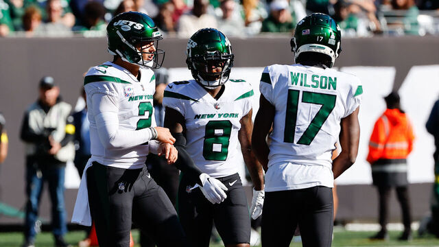 EAST RUTHERFORD, NJ - OCTOBER 09: New York Jets quarterback Zach Wilson (2), New York Jets wide receiver Elijah Moore (8) and New York Jets wide receiver Garrett Wilson (17) during the National Football League game between the New York Jets and Miami Dolphins on October 9, 2022 at MetLife Stadium in East Rutherford, New Jersey.