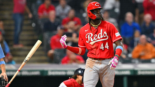 CLEVELAND, OHIO - SEPTEMBER 26: Elly De La Cruz #44 of the Cincinnati Reds watches a two-run home run during the ninth inning against the Cleveland Guardians at Progressive Field on September 26, 2023 in Cleveland, Ohio.