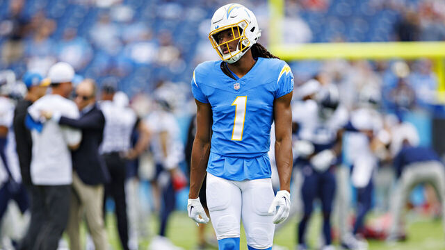 NASHVILLE, TENNESSEE - SEPTEMBER 17: Quentin Johnston #1 of the Los Angeles Chargers warms up before the game against the Tennessee Titans at Nissan Stadium on September 17, 2023 in Nashville, Tennessee. The Titans defeated the Chargers 27-24.