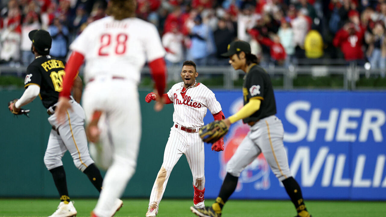 PHILADELPHIA, PENNSYLVANIA - SEPTEMBER 26: Johan Rojas #18 of the Philadelphia Phillies reacts after hitting a walk-off single during the tenth inning to defeat the Pittsburgh Pirates at Citizens Bank Park on September 26, 2023 in Philadelphia, Pennsylvania.
