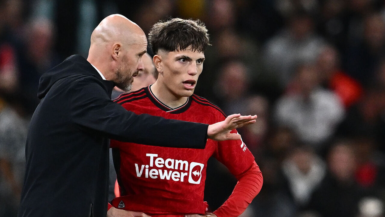 MANCHESTER, ENGLAND - SEPTEMBER 26: Manager Erik ten Hag and Alejandro Garnacho of Manchester United during the Carabao Cup Third Round match between Manchester United and Crystal Palace at Old Trafford on September 26, 2023 in Manchester, England.