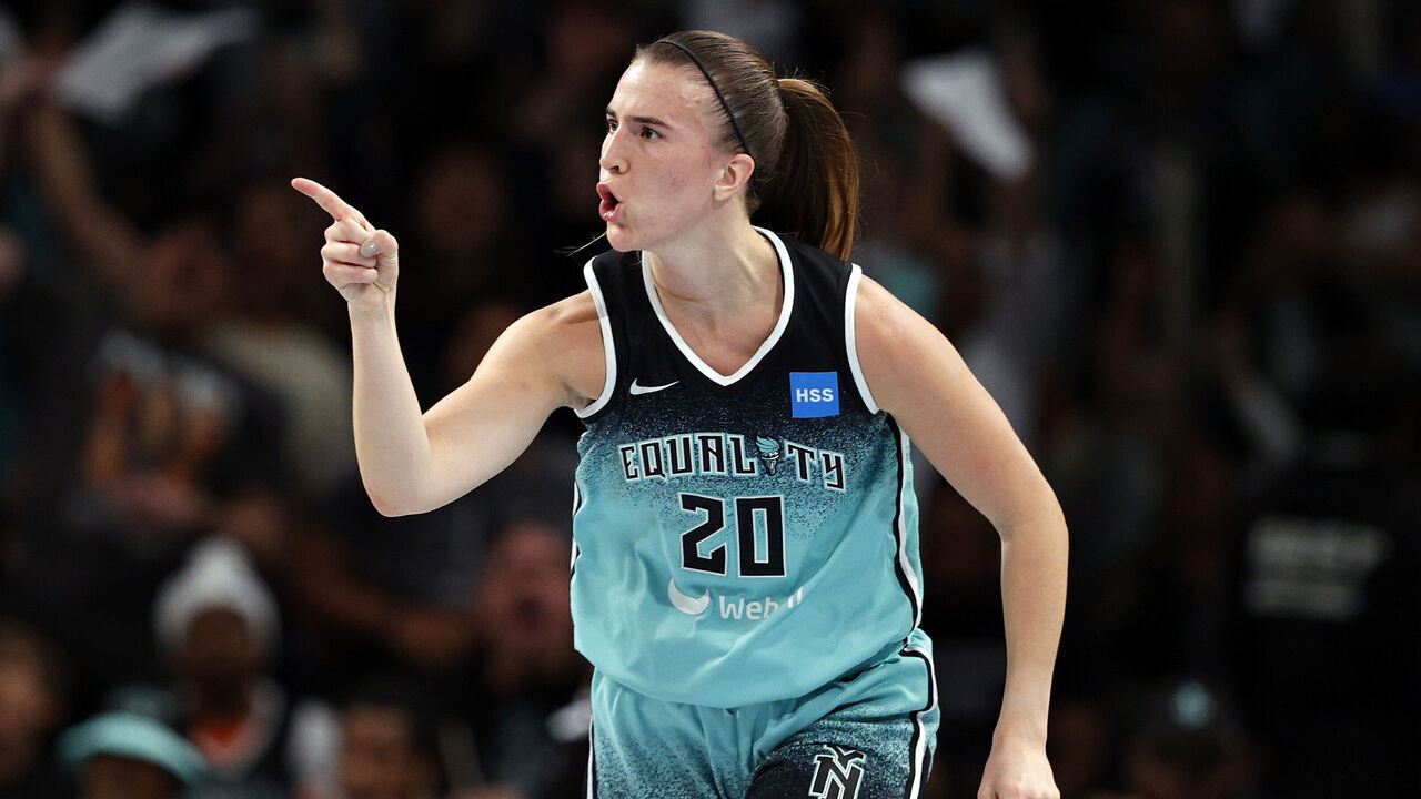 NEW YORK, NEW YORK - SEPTEMBER 26: Sabrina Ionescu #20 of the New York Liberty reacts after scoring during the first half against the Connecticut Sun during Game Two of the 2023 WNBA Playoffs semifinals at Barclays Center on September 26, 2023 in the Brooklyn borough of New York City.