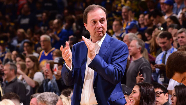 OAKLAND, CA - APRIL 7: Golden State Warriors owner, Joe Lacob claps during the game between the Golden State Warriors and LA Clippers on April 7, 2019 at ORACLE Arena in Oakland, California. NOTE TO USER: User expressly acknowledges and agrees that, by downloading and or using this photograph, user is consenting to the terms and conditions of Getty Images License Agreement. Mandatory Copyright Notice: Copyright 2019 NBAE