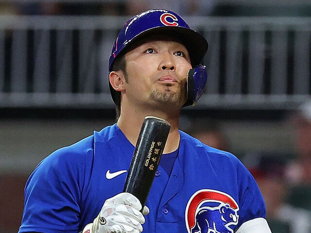 ATLANTA, GEORGIA - SEPTEMBER 26: Seiya Suzuki #27 of the Chicago Cubs reacts after striking out in the ninth inning against the Atlanta Braves at Truist Park on September 26, 2023 in Atlanta, Georgia.