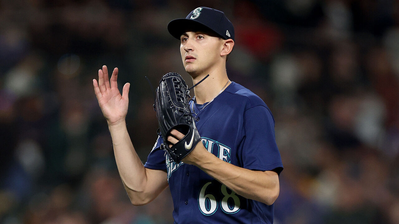 SEATTLE, WASHINGTON - SEPTEMBER 26: George Kirby #68 of the Seattle Mariners reacts during the fifth inning against the Houston Astros at T-Mobile Park on September 26, 2023 in Seattle, Washington.
