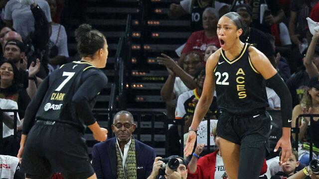 LAS VEGAS, NEVADA - SEPTEMBER 26: Alysha Clark #7 and A'ja Wilson #22 of the Las Vegas Aces react Wilson scored a basket and drew a foul against the Dallas Wings in the first quarter of Game Two of the 2023 WNBA Playoffs semifinals at Michelob ULTRA Arena on September 26, 2023 in Las Vegas, Nevada.