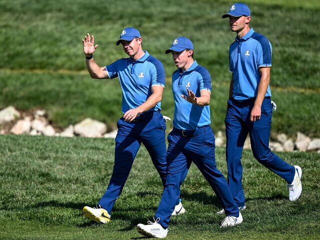 Rome , Italy - 27 September 2023; Europe players, from left, Rory McIlroy, Matt Fitzpatrick and Nicolai Højgaard during a practice round before the 2023 Ryder Cup at Marco Simone Golf and Country Club in Rome, Italy.