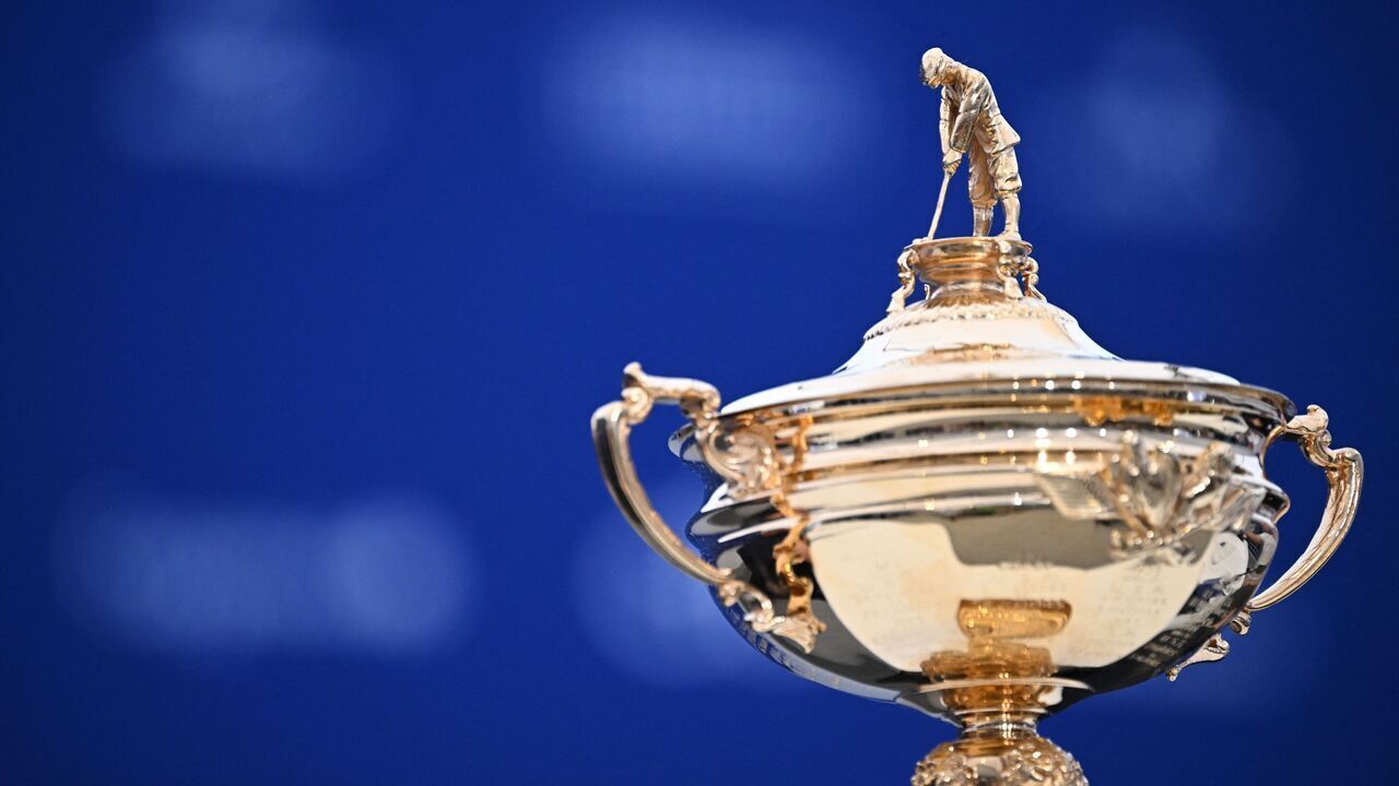 A picture shows the top of the trophy during a press conference ahead of the 44th Ryder Cup at the Marco Simone Golf and Country Club in Rome on September 25, 2023.