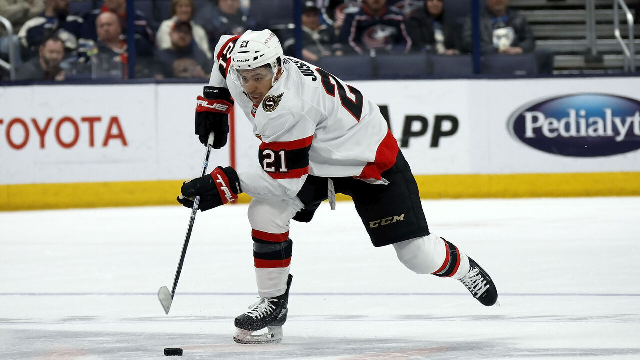 COLUMBUS, OH - APRIL 02: Mathieu Joseph #21 of the Ottawa Senators controls the puck during the game against the Columbus Blue Jackets at Nationwide Arena on April 2, 2023 in Columbus, Ohio. Columbus defeated Ottawa 4-3 in overtime.