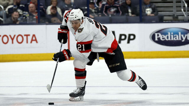 COLUMBUS, OH - APRIL 02: Mathieu Joseph #21 of the Ottawa Senators controls the puck during the game against the Columbus Blue Jackets at Nationwide Arena on April 2, 2023 in Columbus, Ohio. Columbus defeated Ottawa 4-3 in overtime.