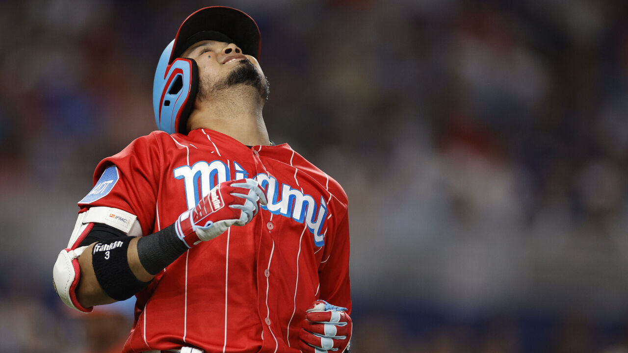 MIAMI, FLORIDA - SEPTEMBER 23: Luis Arraez #3 of the Miami Marlins reacts to hitting a pop fly during the fourth inning against the Milwaukee Brewers at loanDepot park on September 23, 2023 in Miami, Florida.