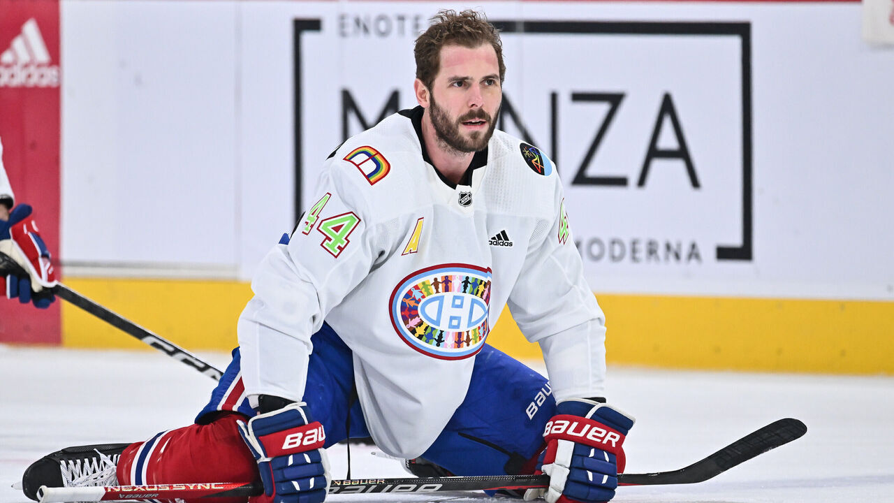 MONTREAL, CANADA - APRIL 06: Joel Edmundson #44 of the Montreal Canadiens goes through his warm-up ritual as he wears a jersey celebrating Pride Night prior to the game against the Washington Capitals at Centre Bell on April 6, 2023 in Montreal, Quebec, Canada.