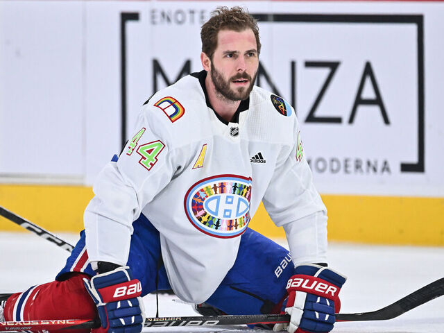 MONTREAL, CANADA - APRIL 06: Joel Edmundson #44 of the Montreal Canadiens goes through his warm-up ritual as he wears a jersey celebrating Pride Night prior to the game against the Washington Capitals at Centre Bell on April 6, 2023 in Montreal, Quebec, Canada.