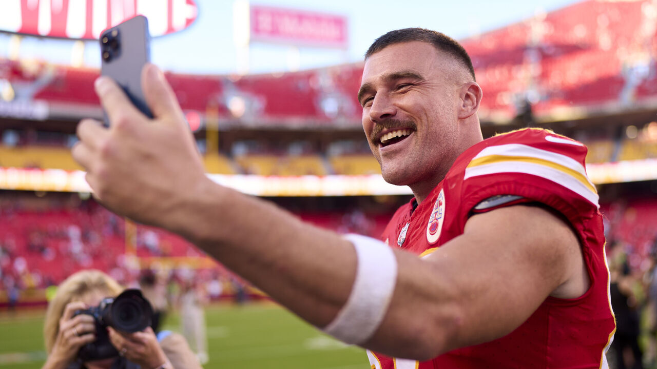 KANSAS CITY, MO - SEPTEMBER 24: Travis Kelce #87 of the Kansas City Chiefs celebrates after defeating the Chicago Bears at GEHA Field at Arrowhead Stadium on September 24, 2023 in Kansas City, Missouri.