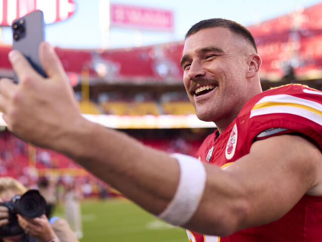 KANSAS CITY, MO - SEPTEMBER 24: Travis Kelce #87 of the Kansas City Chiefs celebrates after defeating the Chicago Bears at GEHA Field at Arrowhead Stadium on September 24, 2023 in Kansas City, Missouri.