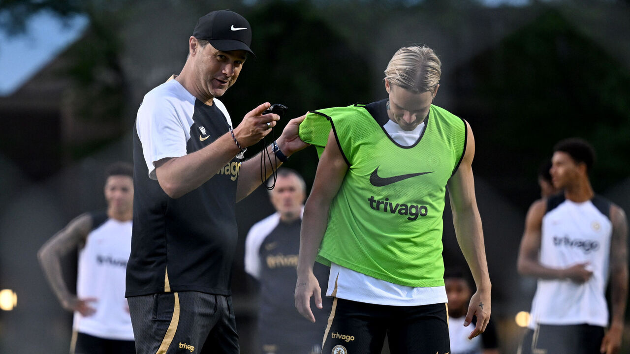 CHICAGO, ILLINOIS - August 1: Head Coach Mauricio Pochettino and Mykhailo Mudryk of Chelsea during a training session at the Illinois University Training Facility on August 1, 2023 in Chicago, Illinois.