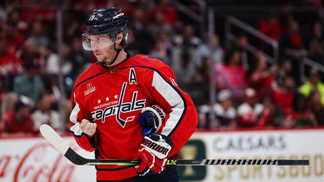 WASHINGTON, DC - APRIL 13: Nicklas Backstrom #19 of the Washington Capitals looks on against the New Jersey Devils "during the third period of the game at Capital One Arena on April 13, 2023 in Washington, DC.