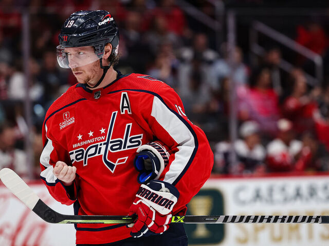 WASHINGTON, DC - APRIL 13: Nicklas Backstrom #19 of the Washington Capitals looks on against the New Jersey Devils "during the third period of the game at Capital One Arena on April 13, 2023 in Washington, DC.