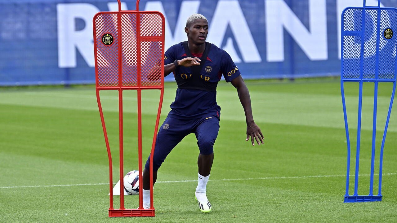 PARIS, FRANCE - AUGUST 09: Nuno Mendes warms up during the Paris Saint-Germain training session at Campus PSG on August 09, 2023 in Paris, France.
