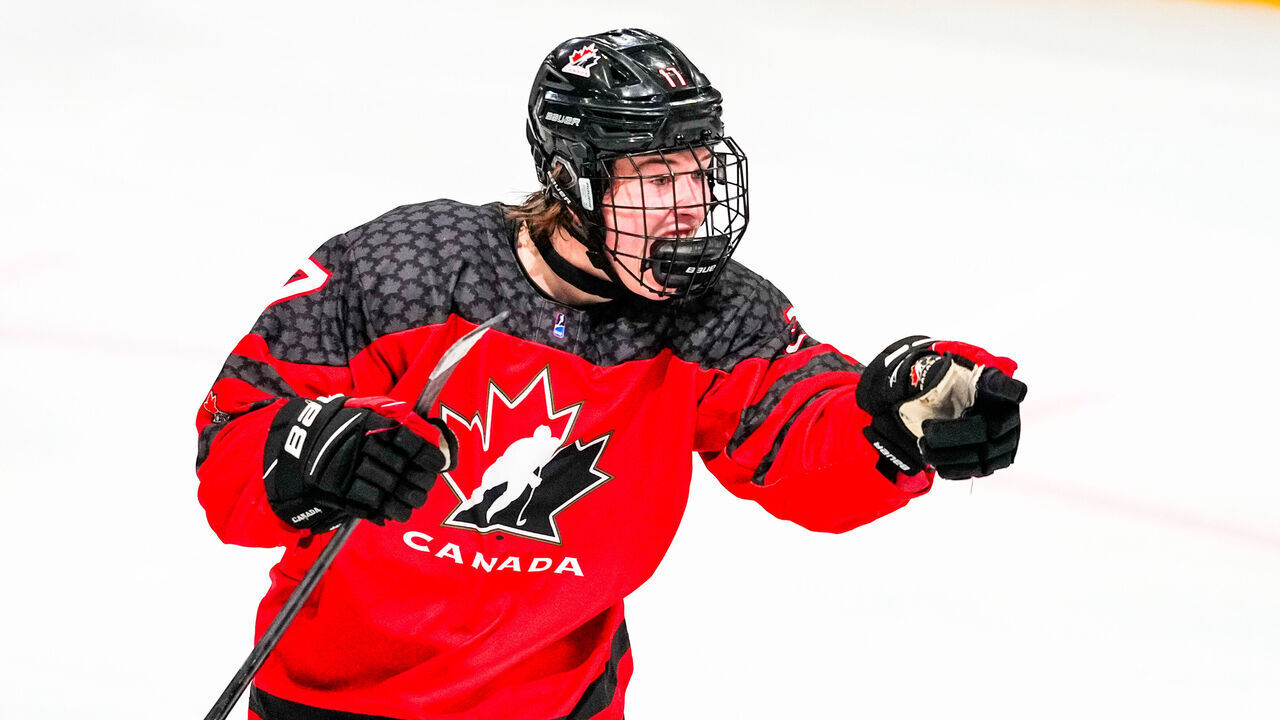 BASEL, SWITZERLAND - APRIL 29: Macklin Celebrini of Canada celebrates his 1-0 during the semi final of U18 Ice Hockey World Championship match between Sweden and Canada at St. Jakob-Park on April 29, 2023 in Basel, Switzerland.