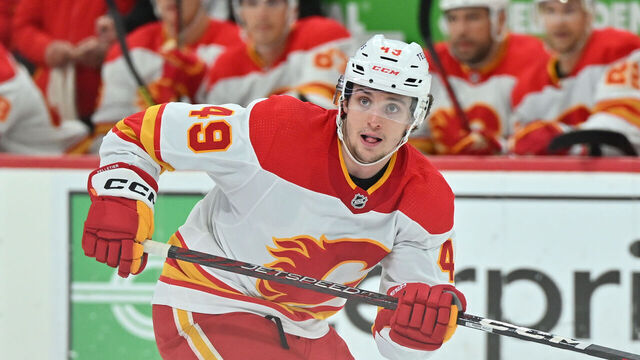 DETROIT, MI - FEBRUARY 09: Calgary Flames Left Wing Jakob Pelletier (49) in action during the game between Calgary Flames and Detroit Red Wings on February 9, 2023 at Little Caesars Arena in Detroit, MI