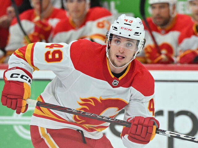 DETROIT, MI - FEBRUARY 09: Calgary Flames Left Wing Jakob Pelletier (49) in action during the game between Calgary Flames and Detroit Red Wings on February 9, 2023 at Little Caesars Arena in Detroit, MI