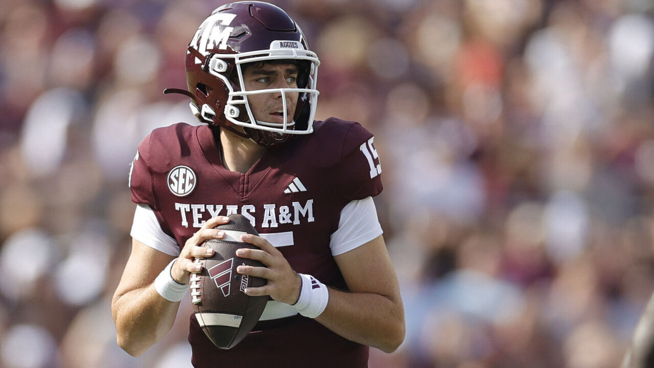 COLLEGE STATION, TEXAS - SEPTEMBER 16: Conner Weigman #15 of the Texas A&M Aggies looks to throw during the first half against the Louisiana Monroe Warhawks at Kyle Field on September 16, 2023 in College Station, Texas.