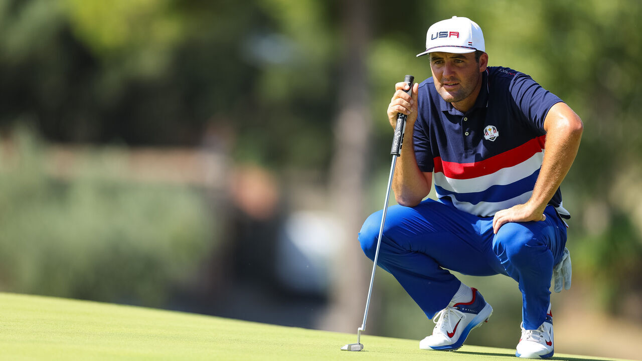ROME, ITALY - SEPTEMBER 27: Scottie Scheffler reads his putt on the sixth hole during the Ryder Cup at Marco Simone Golf & Country Club on Wednesday, September 27, 2023 in Rome, Italy.