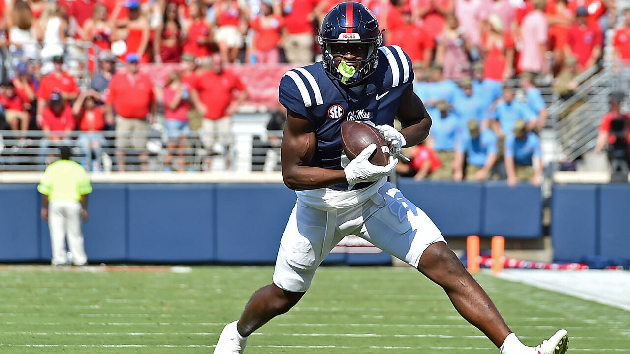 OXFORD, MISSISSIPPI - SEPTEMBER 24: Michael Trigg #0 of the Mississippi Rebels carries the ball during the game against the Tulsa Golden Hurricane at Vaught-Hemingway Stadium on September 24, 2022 in Oxford, Mississippi.