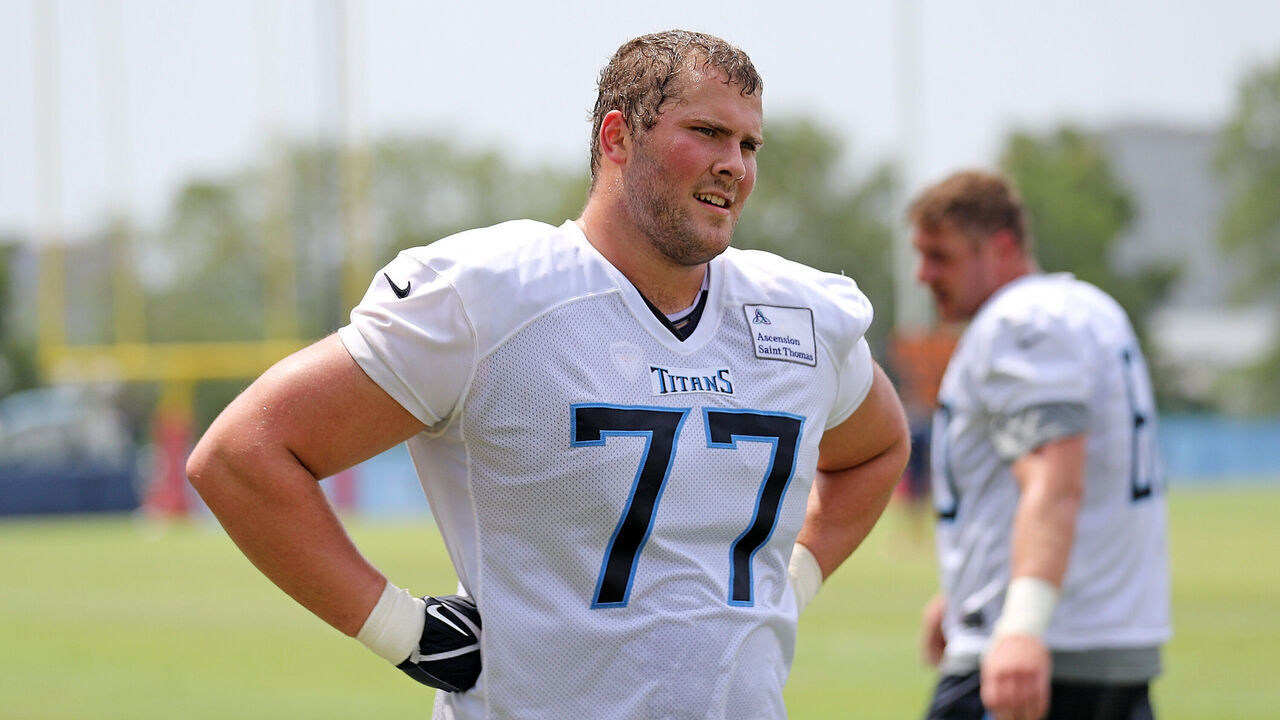 NASHVILLE, TENNESSEE - JULY 29: Peter Skoronski #77 of the Tennessee Titans during training camp at Ascension Saint Thomas Sports Park on July 29, 2023 in Nashville, Tennessee.