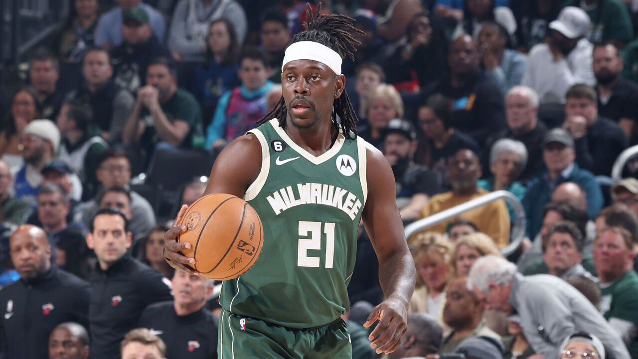 MILWAUKEE, WI - APRIL 26: Jrue Holiday #21 of the Milwaukee Bucks dribbles the ball against the Miami Heat during Round 1 Game 5 of the 2023 NBA Playoffs on April 26, 2023 at the Fiserv Forum Center in Milwaukee, Wisconsin. Mandatory Copyright Notice: Copyright 2023 NBAE .