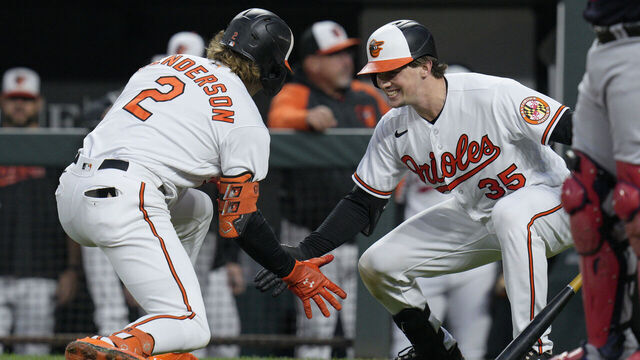BALTIMORE, MARYLAND - SEPTEMBER 26: Gunnar Henderson #2 of the Baltimore Orioles celebrates with Adley Rutschman #35 after hitting a home run against the Washington Nationals during the first inning at Oriole Park at Camden Yards on September 26, 2023 in Baltimore, Maryland.