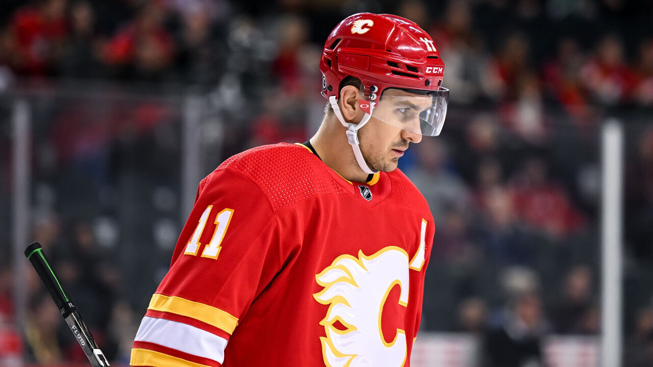 CALGARY, AB - MARCH 12: Calgary Flames Center Mikael Backlund (11) looks on during the first period of an NHL game between the Calgary Flames and the Ottawa Senators on March 12, 2023, at the Scotiabank Saddledome in Calgary, AB.