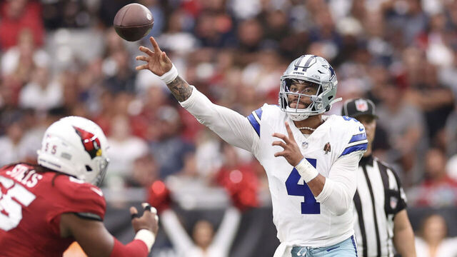 GLENDALE, ARIZONA - SEPTEMBER 24: Dak Prescott #4 of the Dallas Cowboys makes a pass during the second quarter of a game against the Arizona Cardinals at State Farm Stadium on September 24, 2023 in Glendale, Arizona.