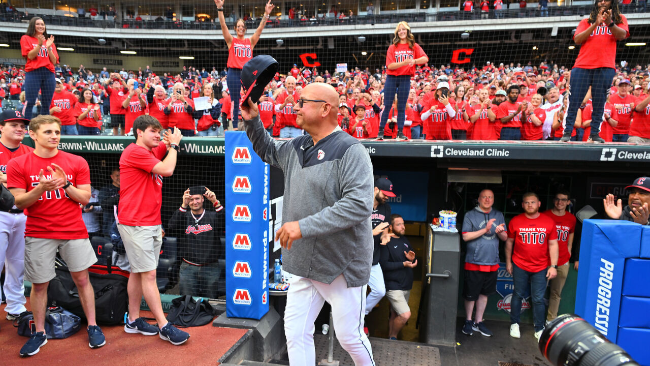 CLEVELAND, OHIO - SEPTEMBER 27: Manager Terry Francona #77 of the Cleveland Guardians waves to the fans prior to the game against the Cincinnati Reds at Progressive Field on September 27, 2023 in Cleveland, Ohio. The final home game of the 2023 Cleveland Guardians season is expected to be the last home game for Terry Francona, who will likely announce his retirement after the 2023 season.