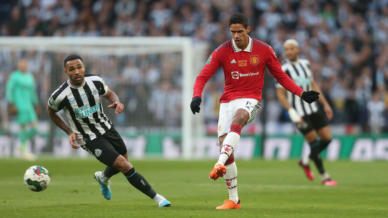 LONDON, ENGLAND - FEBRUARY 26: Manchester United's Raphael Varane during the Carabao Cup Final match between Manchester United and Newcastle United at Wembley Stadium on February 26, 2023 in London, England.