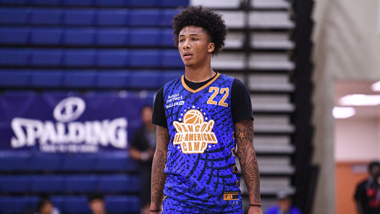 LAS VEGAS, NV - JUNE 07: Mikey Williams looks on during the Pangos All-American Camp on June 7, 2022 at the Bishop Gorman High School in Las Vegas, NV.