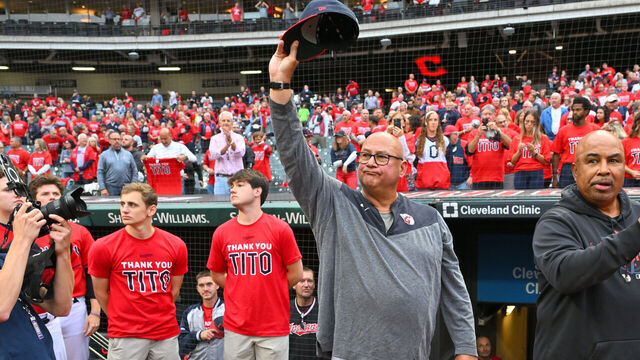 CLEVELAND, OHIO - SEPTEMBER 27: Manager Terry Francona #77 of the Cleveland Guardians waves to the fans prior to the game against the Cincinnati Reds at Progressive Field on September 27, 2023 in Cleveland, Ohio. The final home game of the 2023 Cleveland Guardians season is expected to be the last home game for Terry Francona, who will likely announce his retirement after the 2023 season.